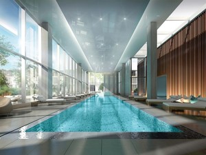Indoor pool with large windows